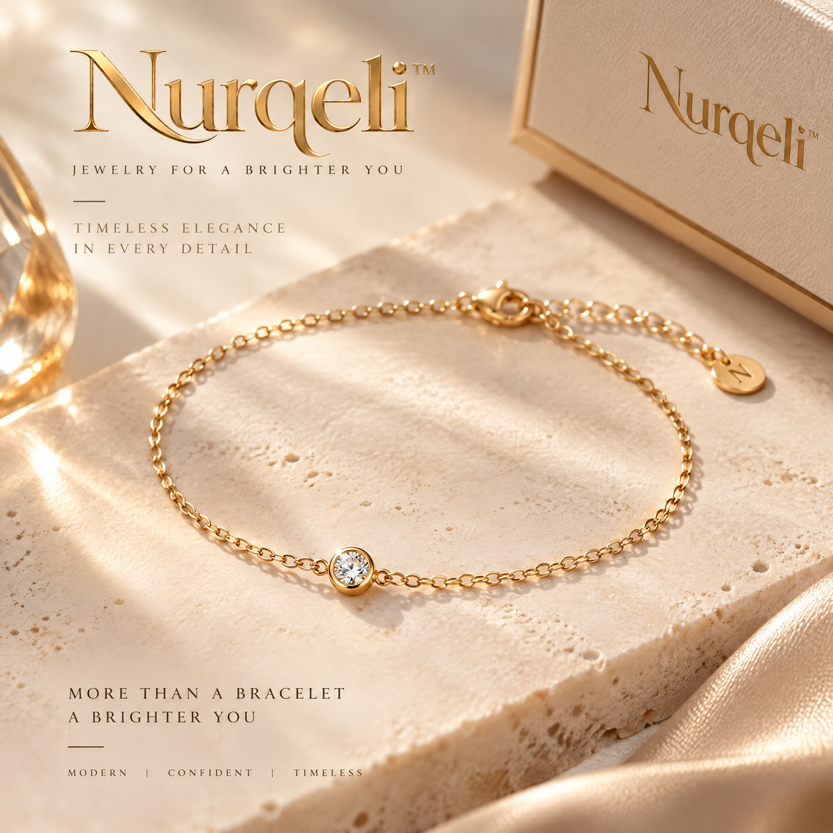 Nurqeli Gold-Tone Solitaire Crystal Chain Bracelet view 1