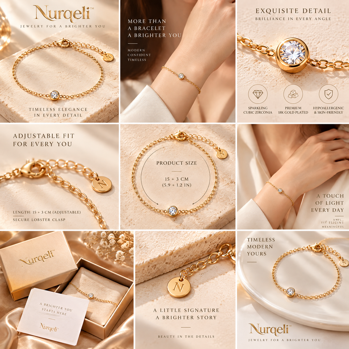 Nurqeli Gold-Tone Solitaire Crystal Chain Bracelet view 2