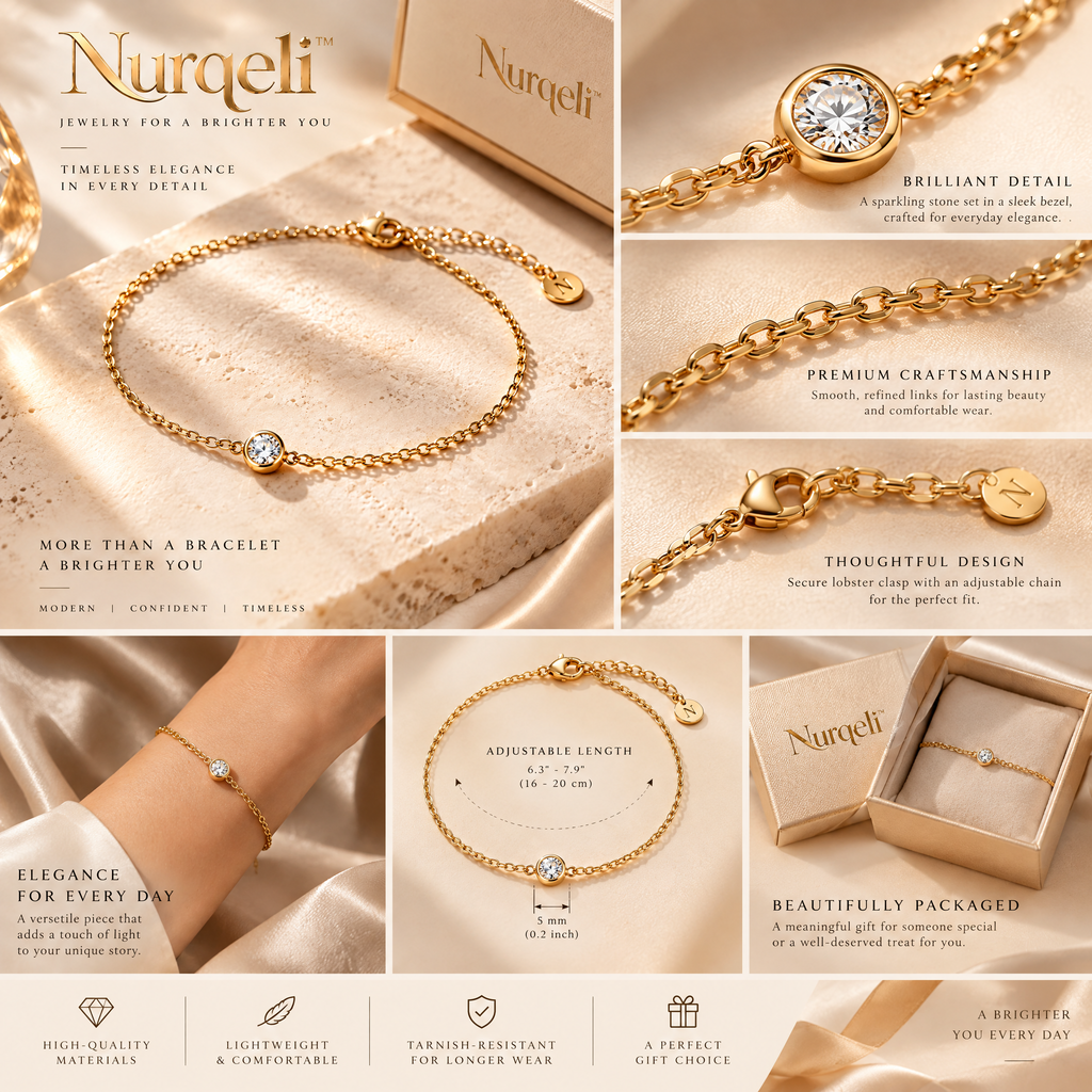 Nurqeli Gold-Tone Solitaire Crystal Chain Bracelet view 3