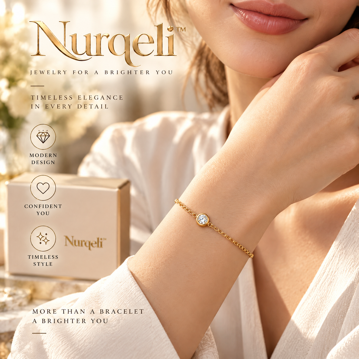 Nurqeli Gold-Tone Solitaire Crystal Chain Bracelet view 4