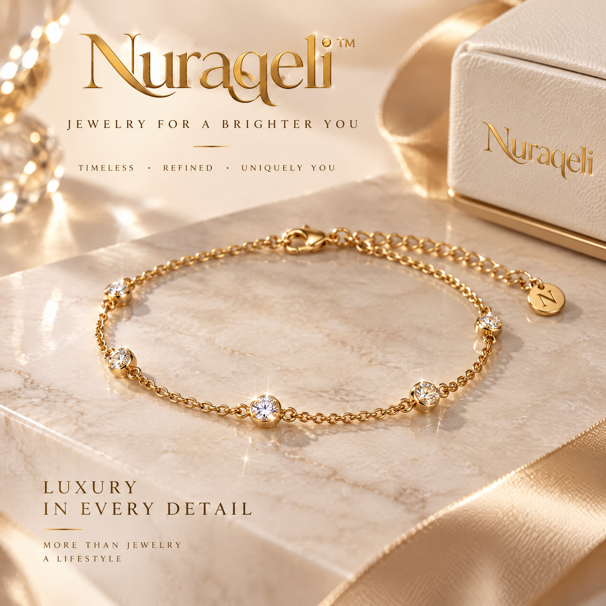 Nurqeli Gold-Tone Five-Stone Bezel Crystal Bracelet, view 1