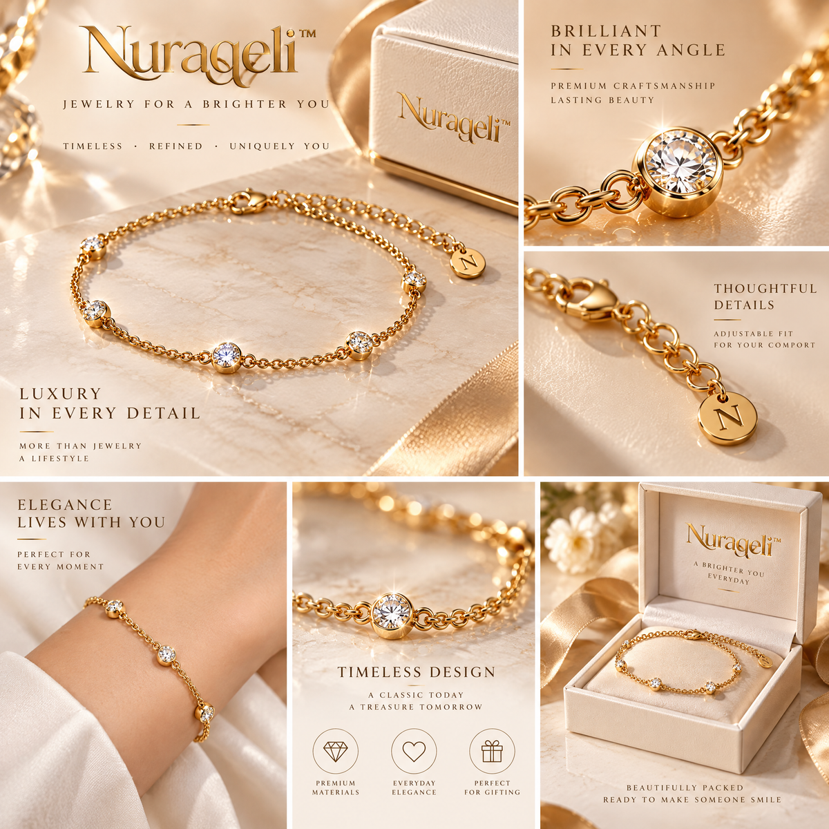 Nurqeli Gold-Tone Five-Stone Bezel Crystal Bracelet, view 2