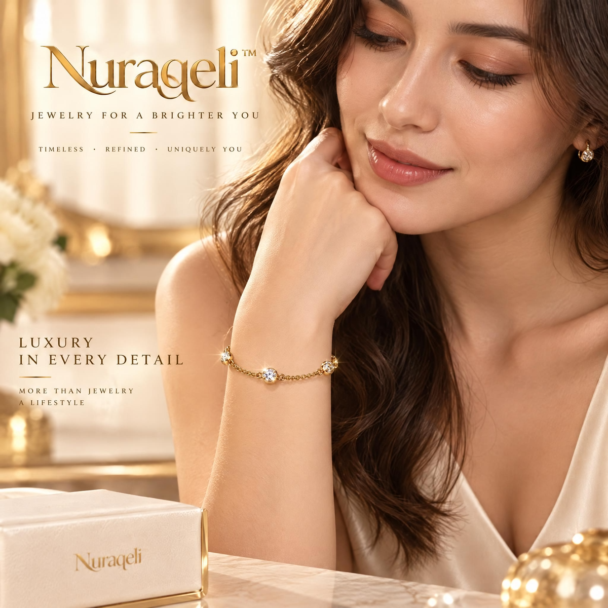 Nurqeli Gold-Tone Five-Stone Bezel Crystal Bracelet, view 4