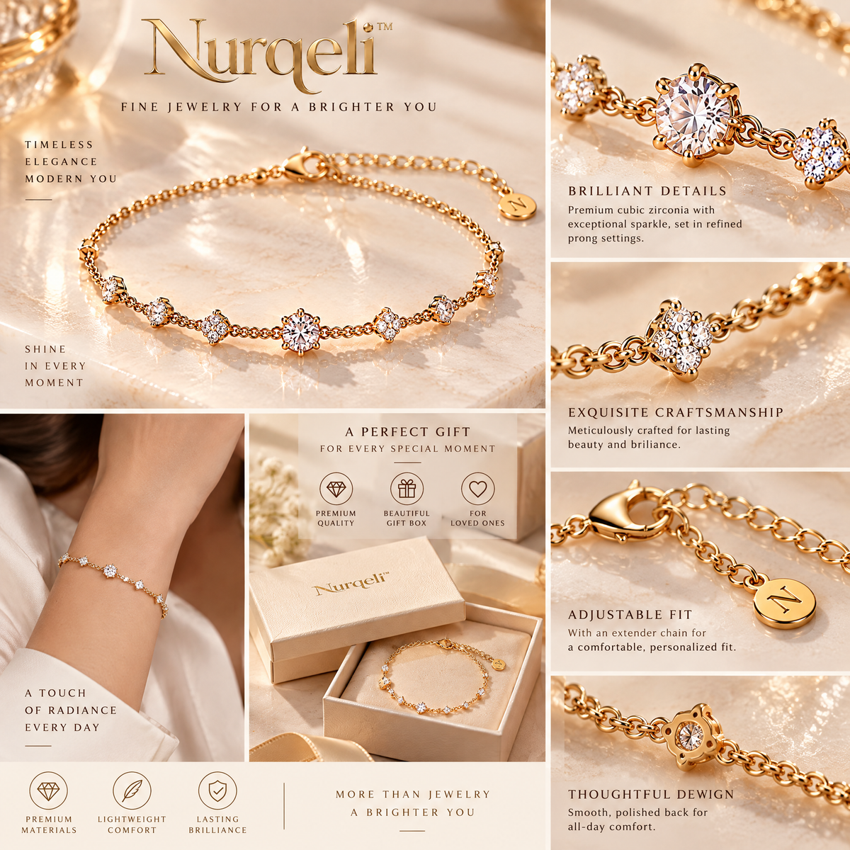 Nurqeli Gold-Tone Floral Crystal Station Bracelet, view 3