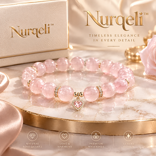 Nurqeli Pink Quartz-Style Bead Bracelet with Heart Charm, view 1