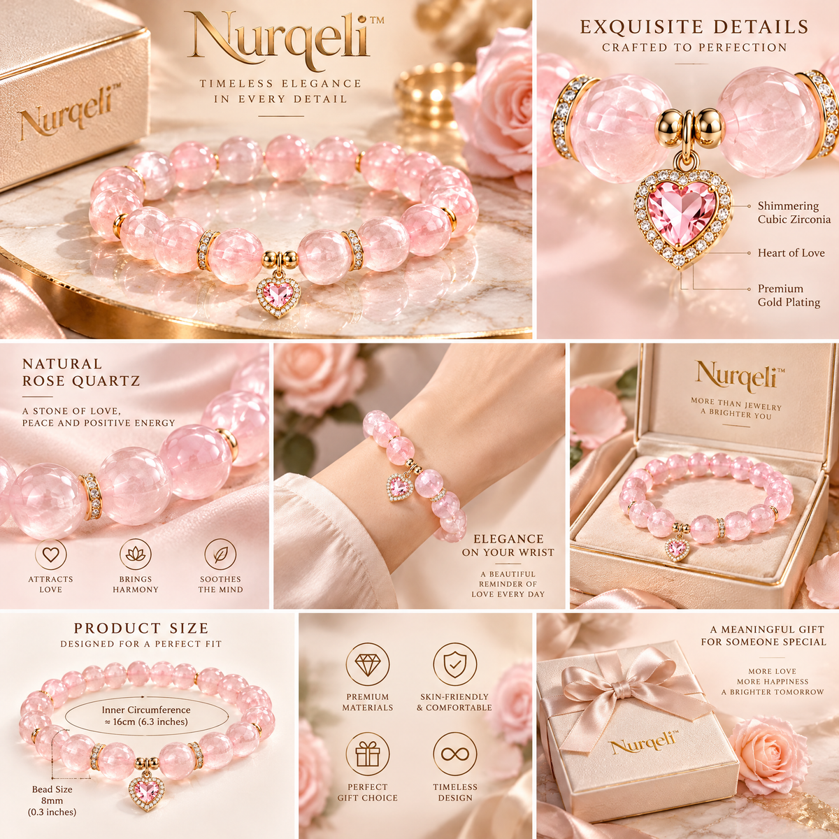 Nurqeli Pink Quartz-Style Bead Bracelet with Heart Charm, view 2