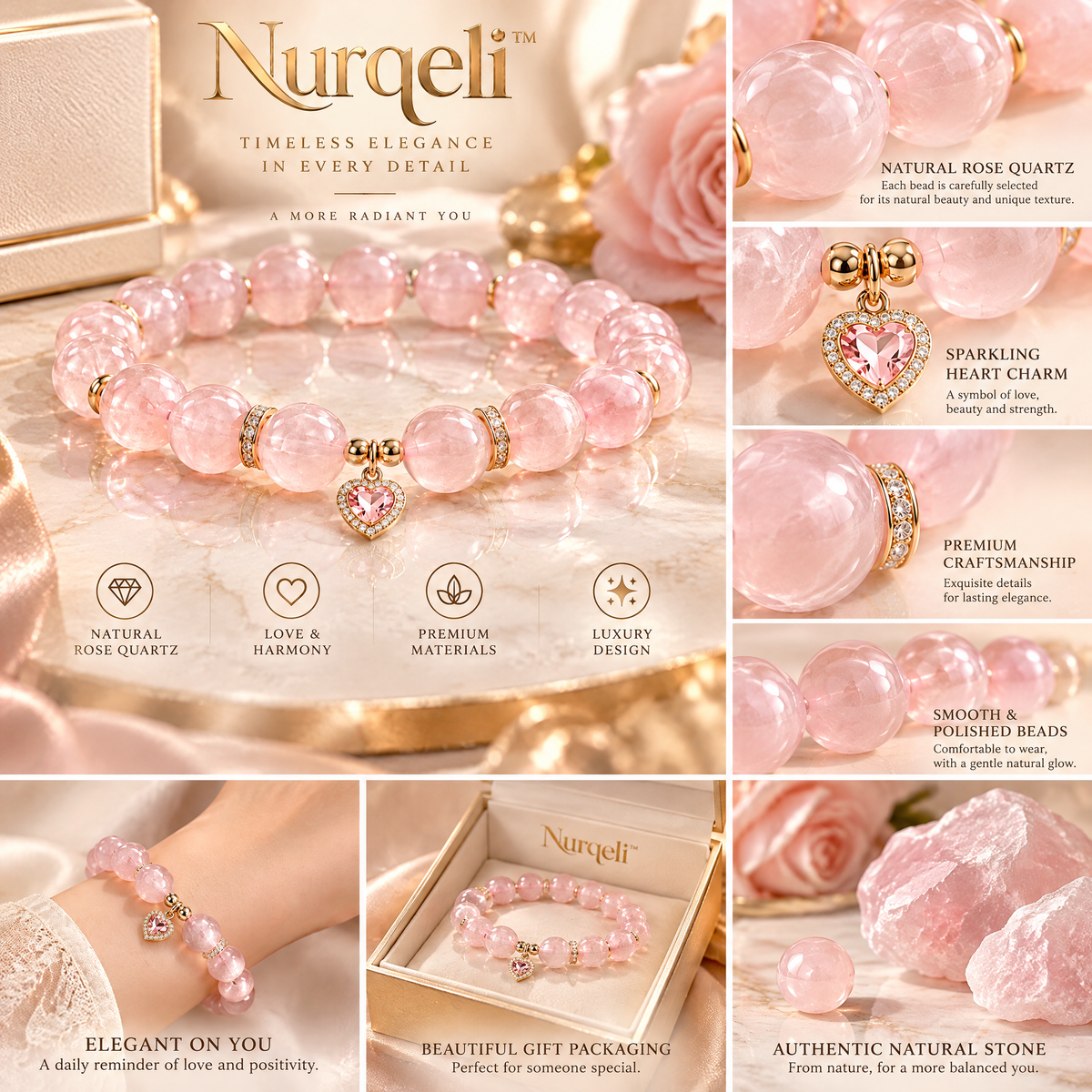 Nurqeli Pink Quartz-Style Bead Bracelet with Heart Charm, view 3