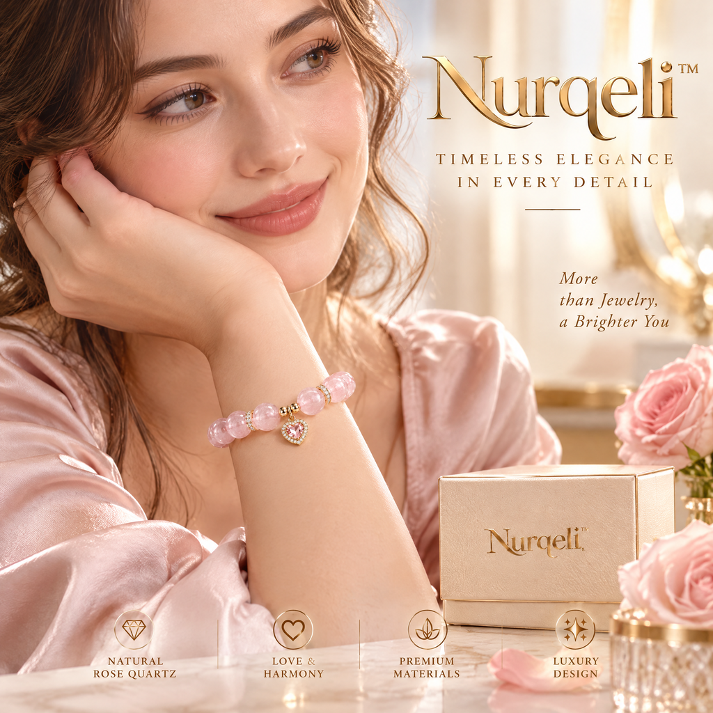 Nurqeli Pink Quartz-Style Bead Bracelet with Heart Charm, view 4