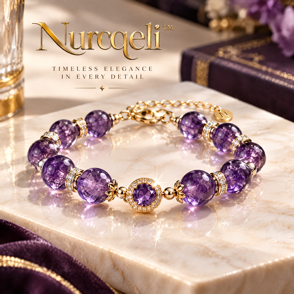 Nurqeli Purple Amethyst-Style Bead Bracelet with Crystal Accent, view 1