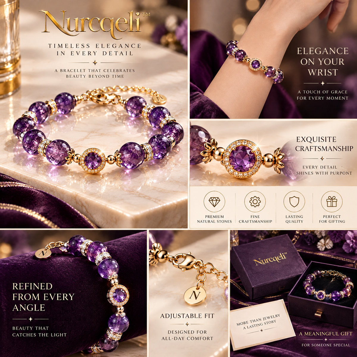 Nurqeli Purple Amethyst-Style Bead Bracelet with Crystal Accent, view 2