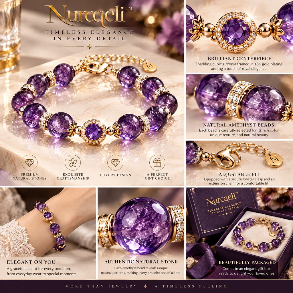 Nurqeli Purple Amethyst-Style Bead Bracelet with Crystal Accent, view 3