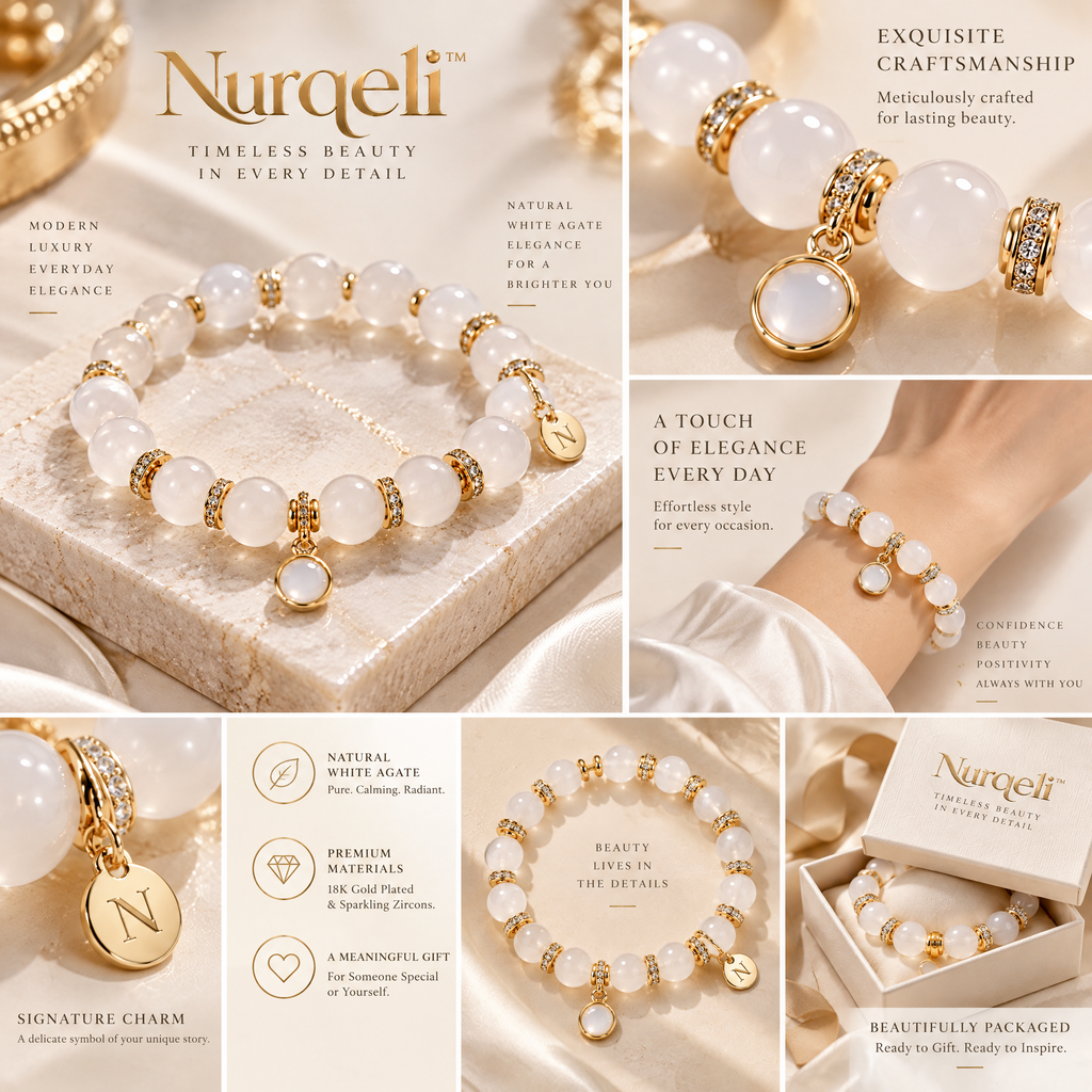 Nurqeli Milky White Agate-Style Bead Bracelet with Drop Charm, view 2