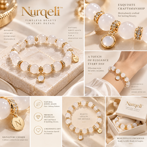 Nurqeli Milky White Agate-Style Bead Bracelet with Drop Charm, view 2