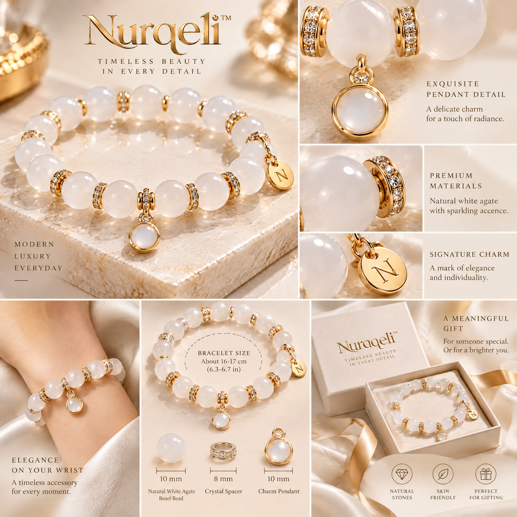 Nurqeli Milky White Agate-Style Bead Bracelet with Drop Charm, view 3
