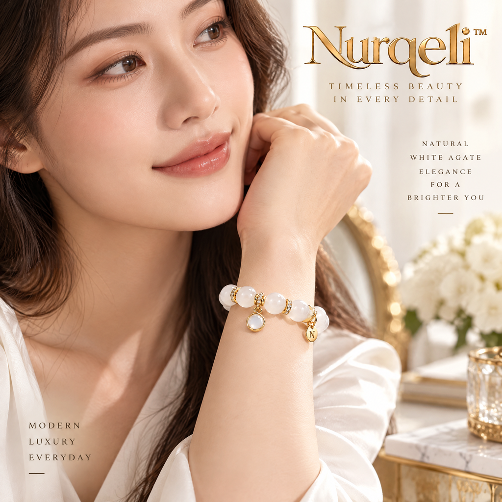 Nurqeli Milky White Agate-Style Bead Bracelet with Drop Charm, view 4