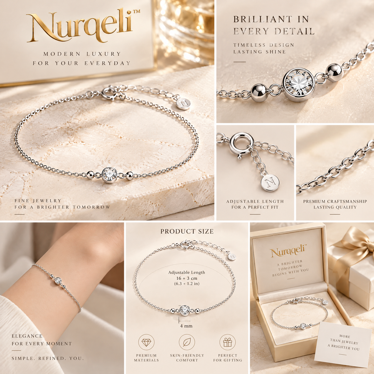 Nurqeli Silver-Tone Solitaire Crystal & Bead Bracelet view 2