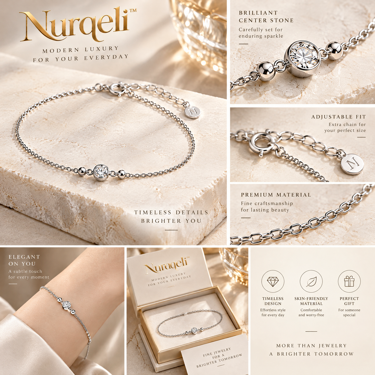 Nurqeli Silver-Tone Solitaire Crystal & Bead Bracelet view 3