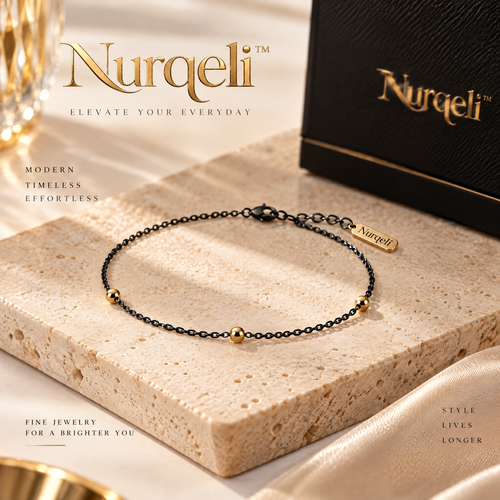 Nurqeli Black Chain Bracelet with Gold-Tone Beads, view 1