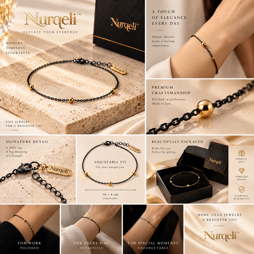 Nurqeli Black Chain Bracelet with Gold-Tone Beads, view 2