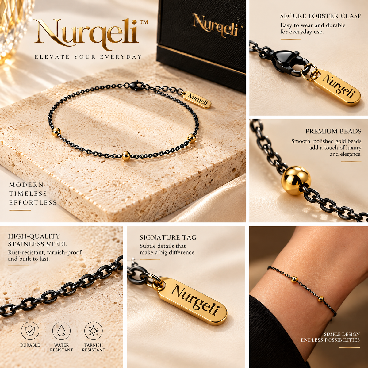 Nurqeli Black Chain Bracelet with Gold-Tone Beads, view 3