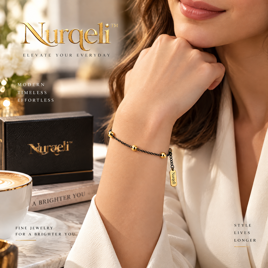 Nurqeli Black Chain Bracelet with Gold-Tone Beads, view 4