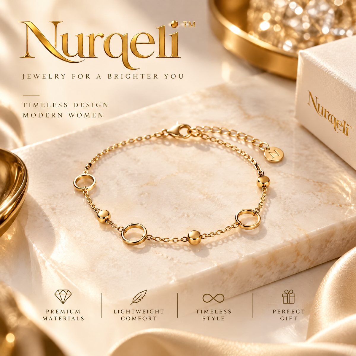 Nurqeli Gold-Tone Open Circle & Bead Chain Bracelet, view 1