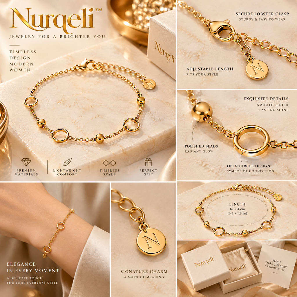 Nurqeli Gold-Tone Open Circle & Bead Chain Bracelet, view 3