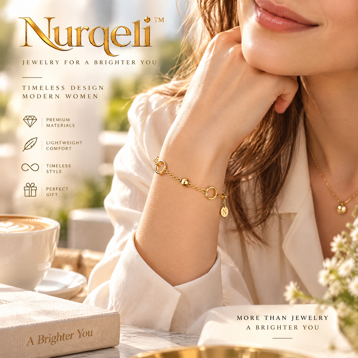 Nurqeli Gold-Tone Open Circle & Bead Chain Bracelet, view 4