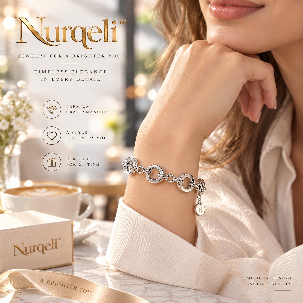 Nurqeli Silver-Tone Chunky Open Circle Link Bracelet, view 4