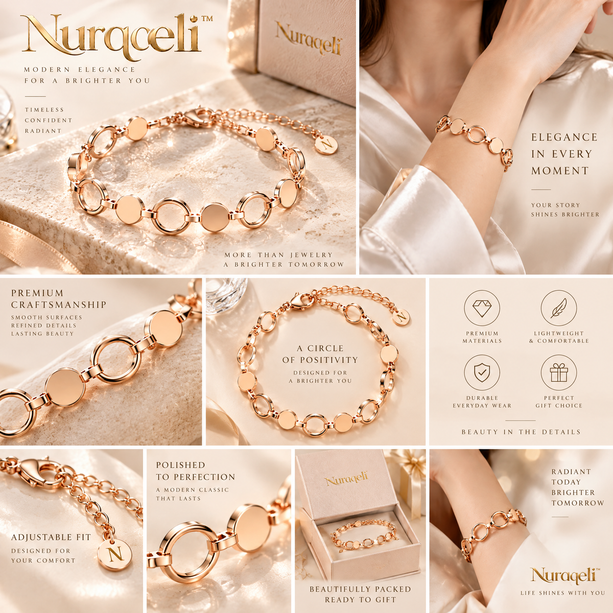 Nurqeli Rose Gold-Tone Circle & Disc Link Bracelet, view 2