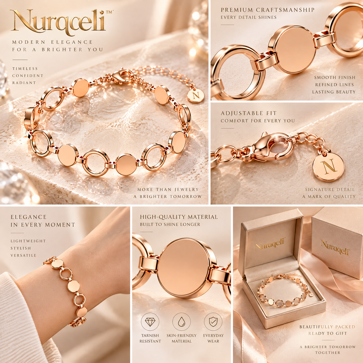 Nurqeli Rose Gold-Tone Circle & Disc Link Bracelet, view 3