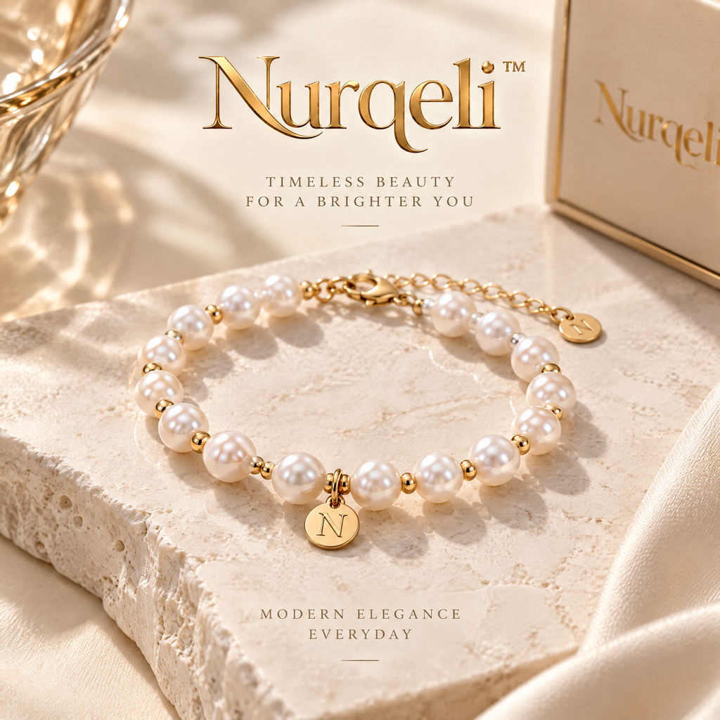 Nurqeli White Pearl-Style Beaded Bracelet with Gold Accents, view 1