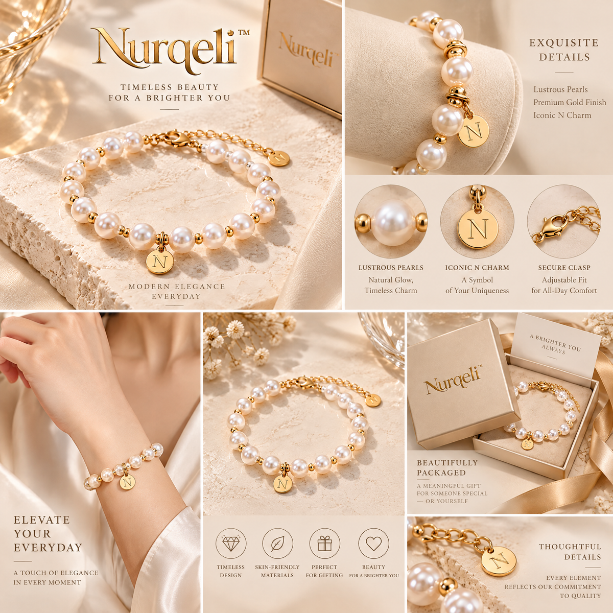 Nurqeli White Pearl-Style Beaded Bracelet with Gold Accents, view 2