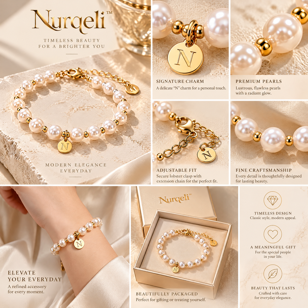 Nurqeli White Pearl-Style Beaded Bracelet with Gold Accents, view 3