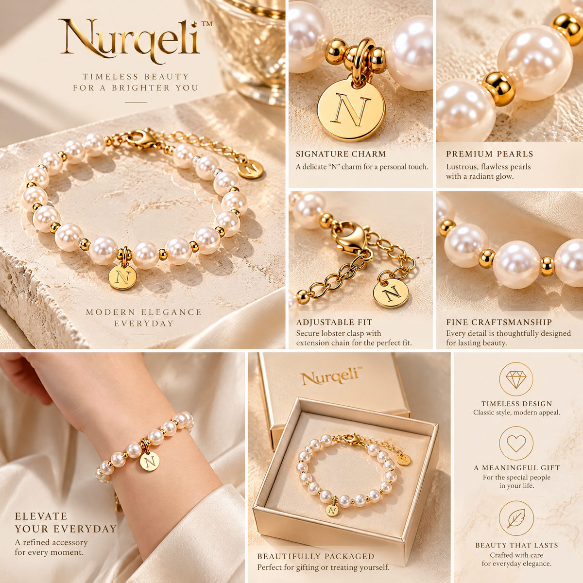Nurqeli White Pearl-Style Beaded Bracelet with Gold Accents, view 3