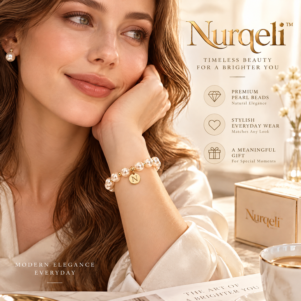 Nurqeli White Pearl-Style Beaded Bracelet with Gold Accents, view 4