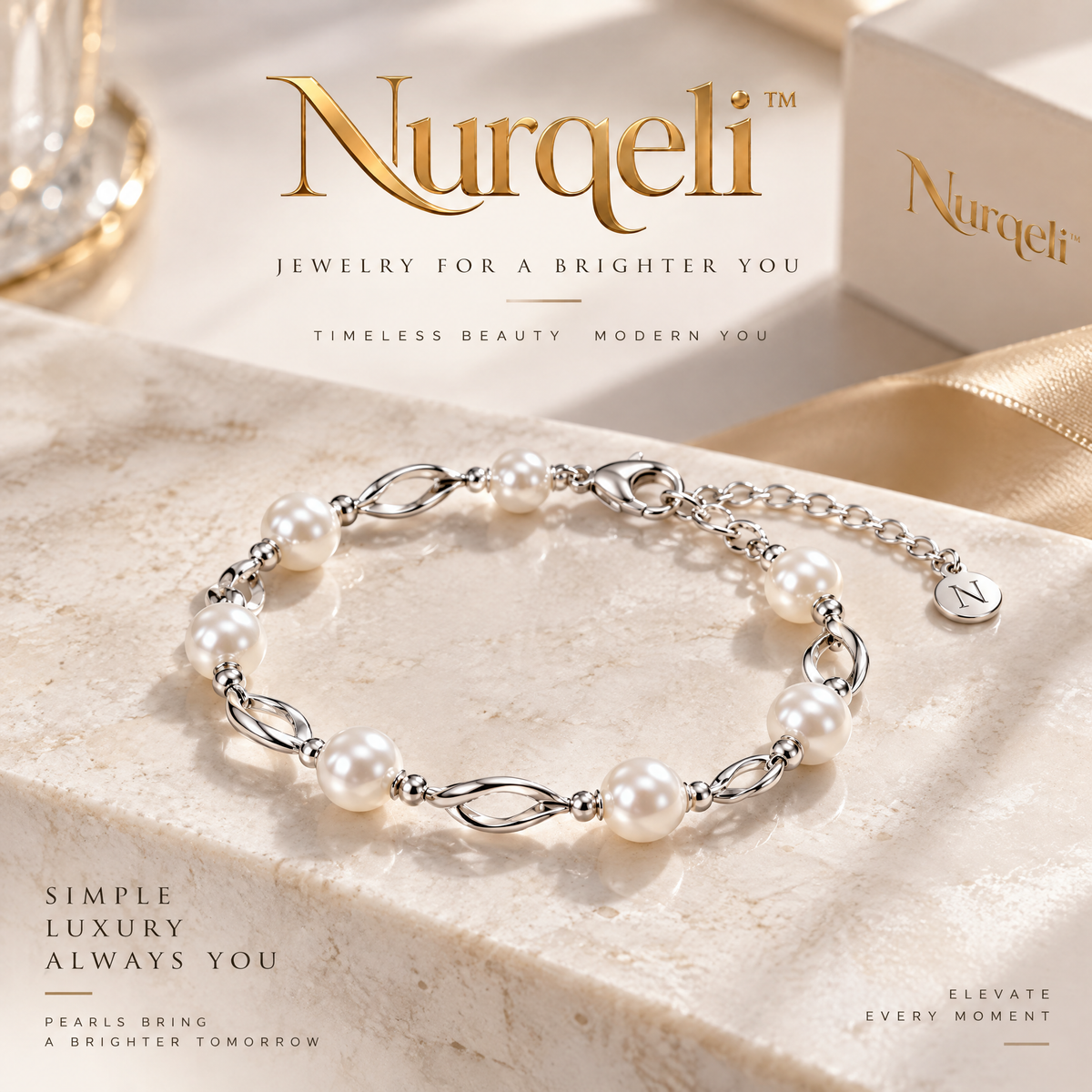 Nurqeli White Pearl-Style & Silver-Tone Twist Link Bracelet, view 1