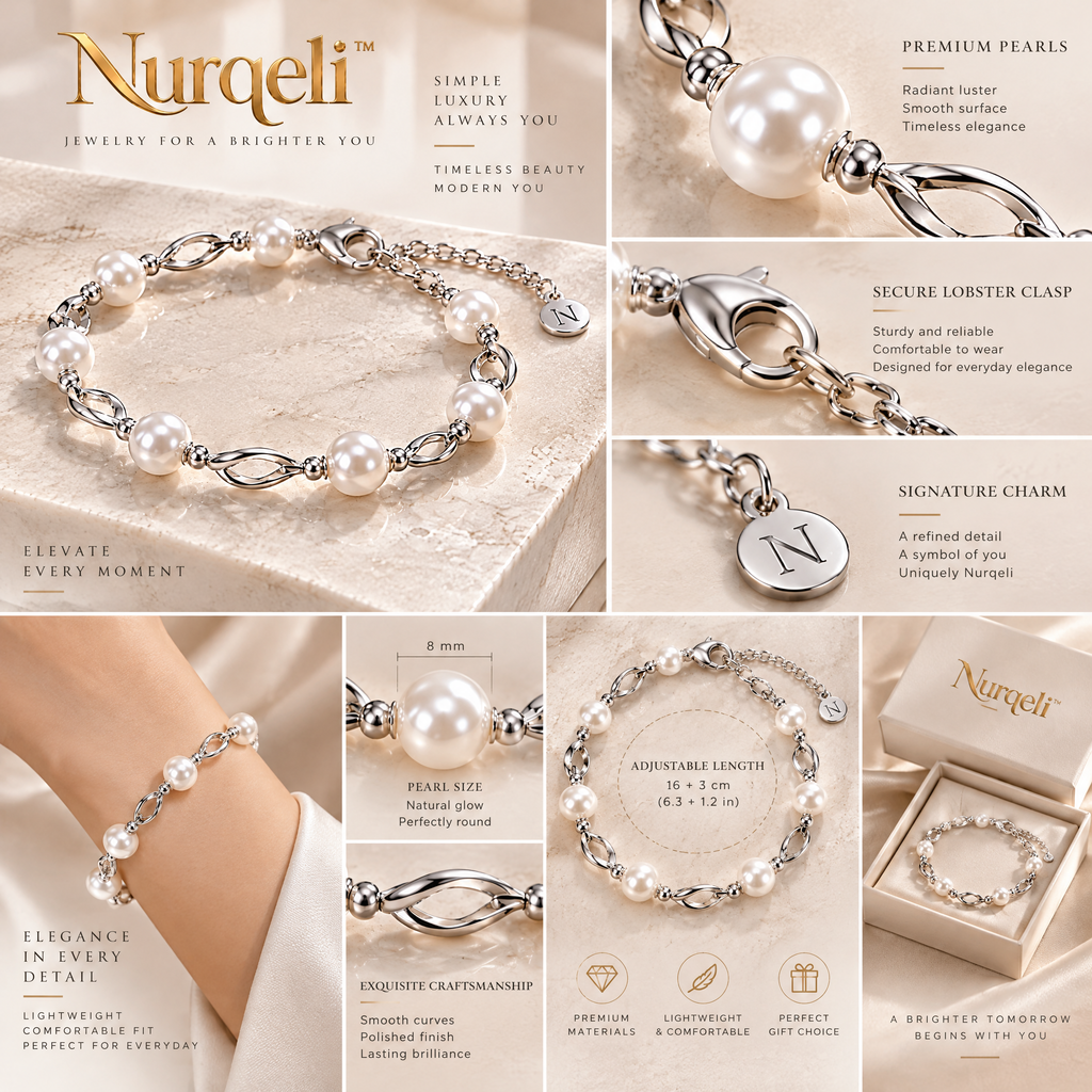 Nurqeli White Pearl-Style & Silver-Tone Twist Link Bracelet, view 3