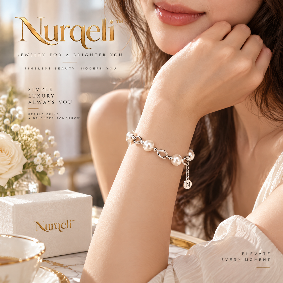 Nurqeli White Pearl-Style & Silver-Tone Twist Link Bracelet, view 4