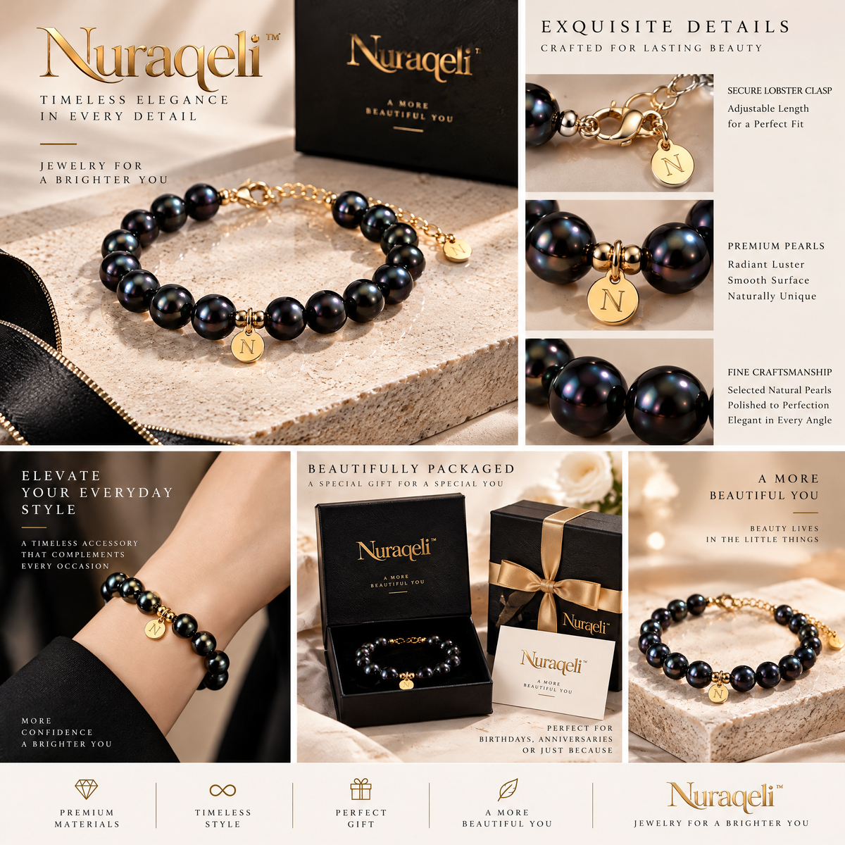 Nurqeli Dark Pearl-Style Beaded Bracelet with Gold Accents, view 2