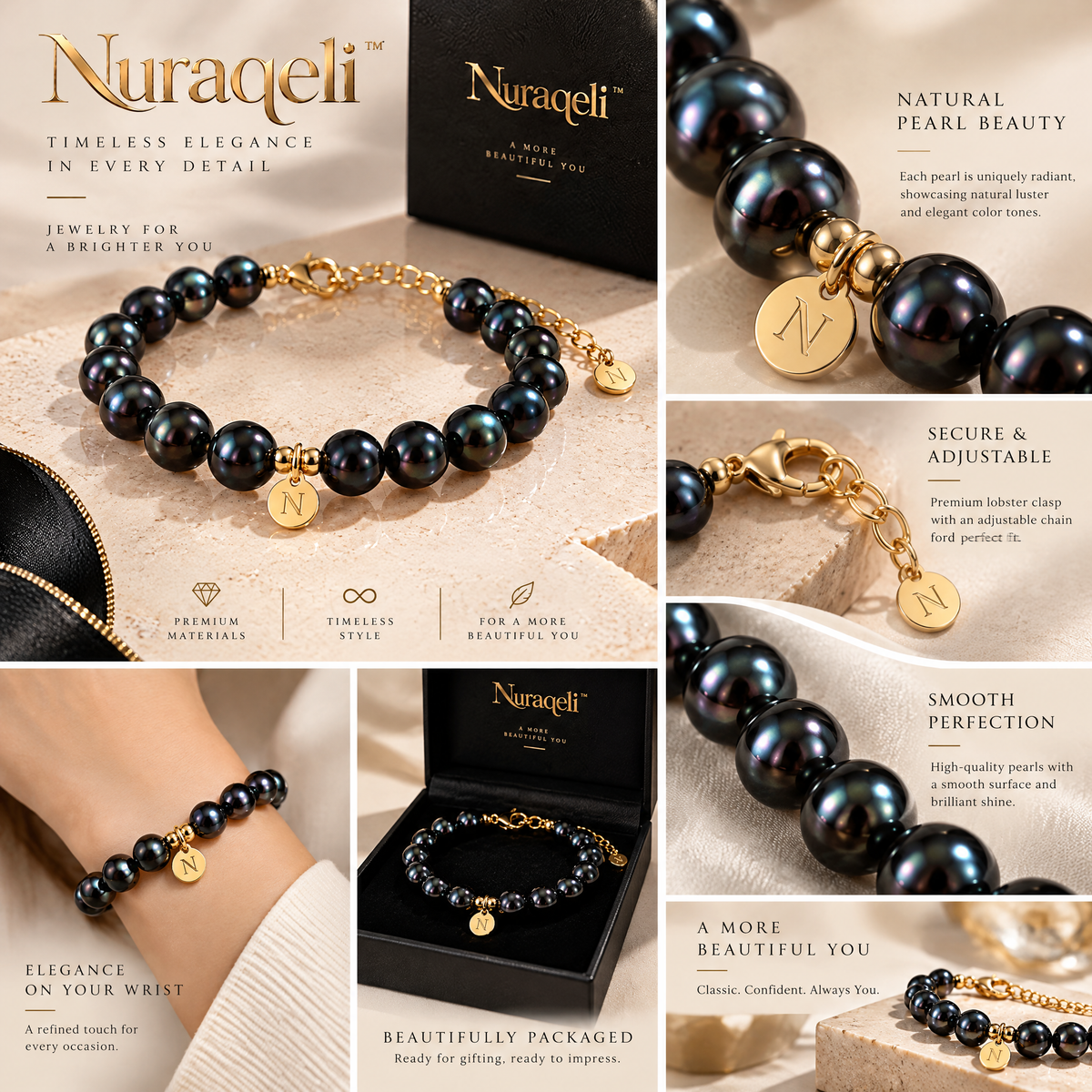 Nurqeli Dark Pearl-Style Beaded Bracelet with Gold Accents, view 3