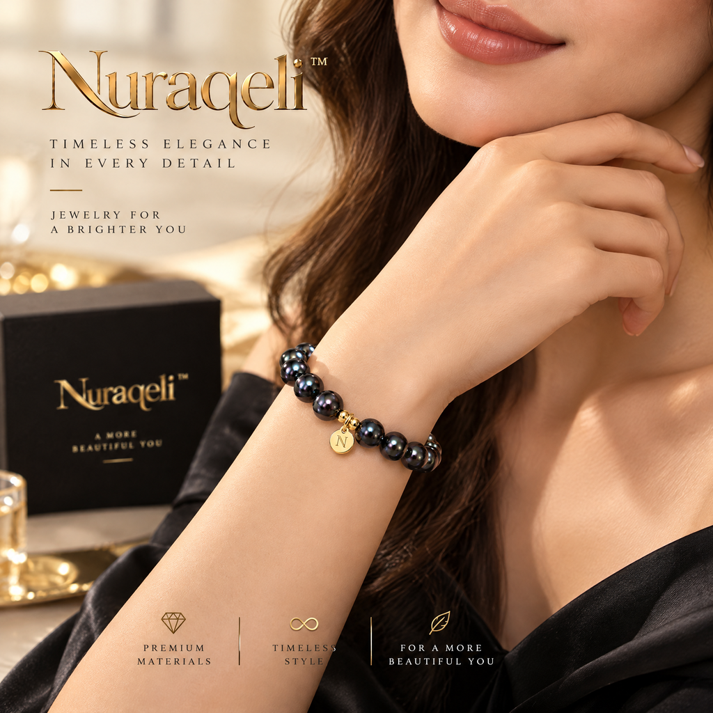 Nurqeli Dark Pearl-Style Beaded Bracelet with Gold Accents, view 4