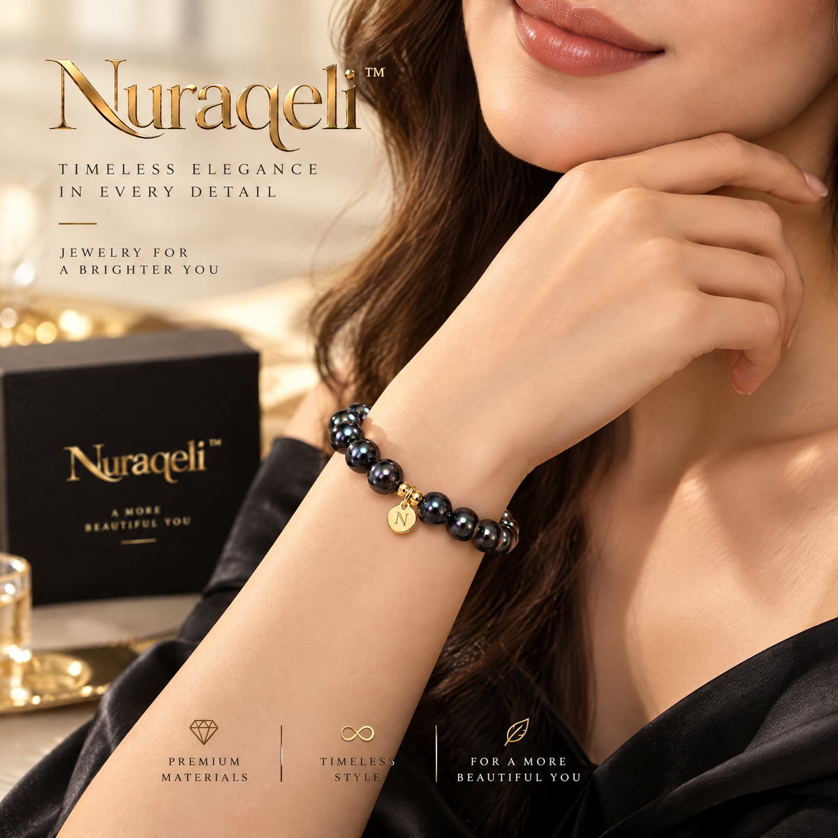 Nurqeli Dark Pearl-Style Beaded Bracelet with Gold Accents, view 4